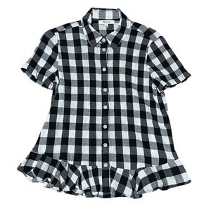 Madewell Gingham Peplum Button Down Shirt Black and White Ruffle Short Sleeve XS
